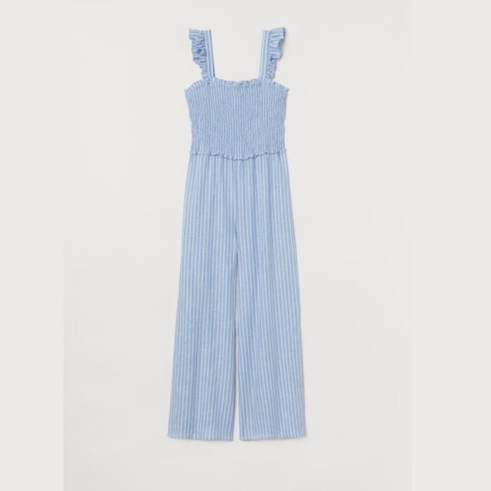 H&M Blue Striped‎ Linen Blend Smocked Jumpsuit Small Beachy Coastal Nautical